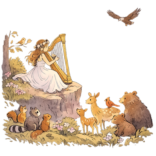 AI generated image of a girl playing the harp in the woods